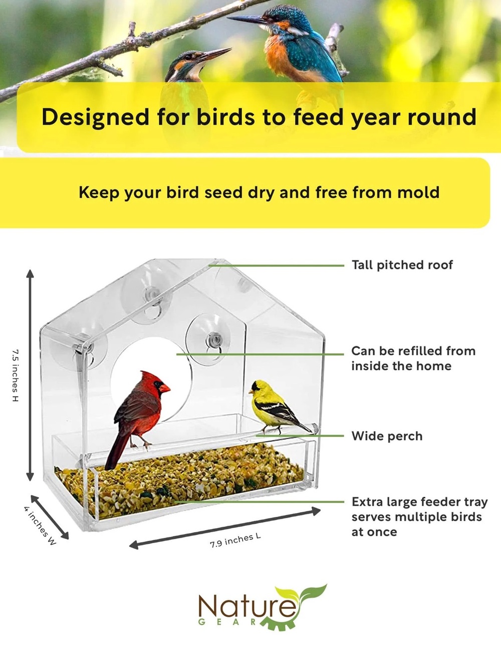 Nature Gear Clear Acrylic Window Bird Feeder NEW NO BOX Extra Suction Cup